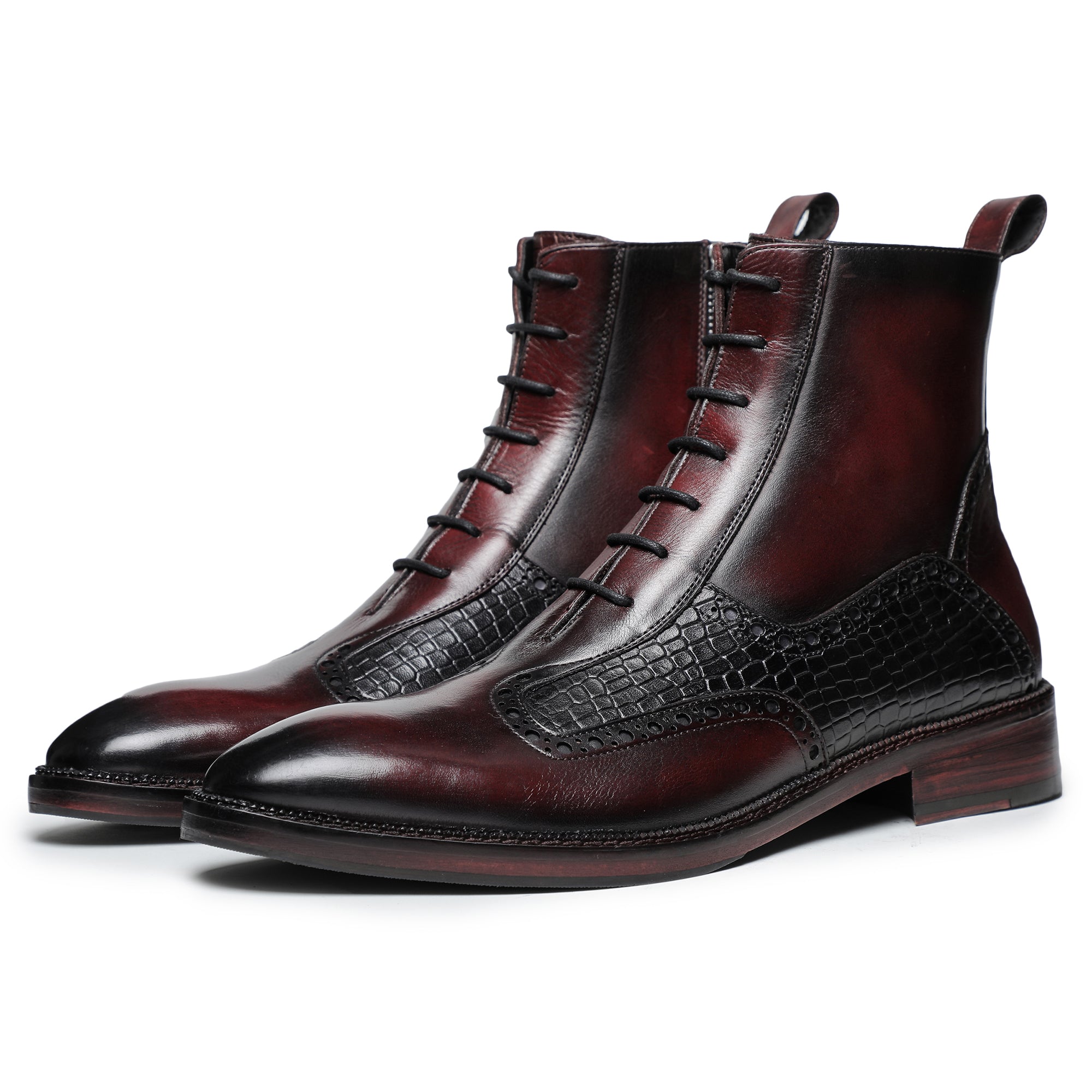 Plain Toe Lace Up Boots with Zipper - Wine Red