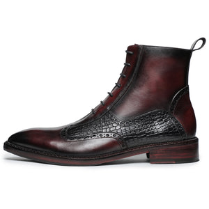 Plain Toe Lace Up Boots with Zipper - Wine Red