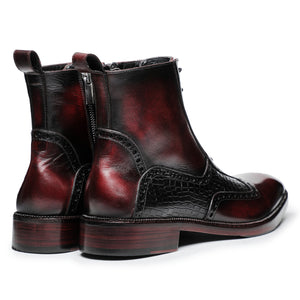 Plain Toe Lace Up Boots with Zipper - Wine Red