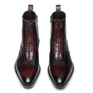 Plain Toe Lace Up Boots with Zipper - Wine Red