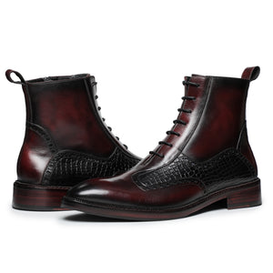 Plain Toe Lace Up Boots with Zipper - Wine Red