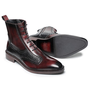Plain Toe Lace Up Boots with Zipper - Wine Red