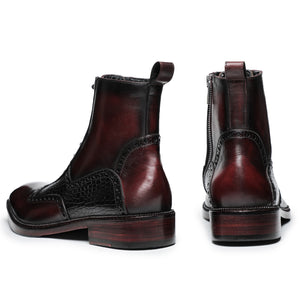 Plain Toe Lace Up Boots with Zipper - Wine Red