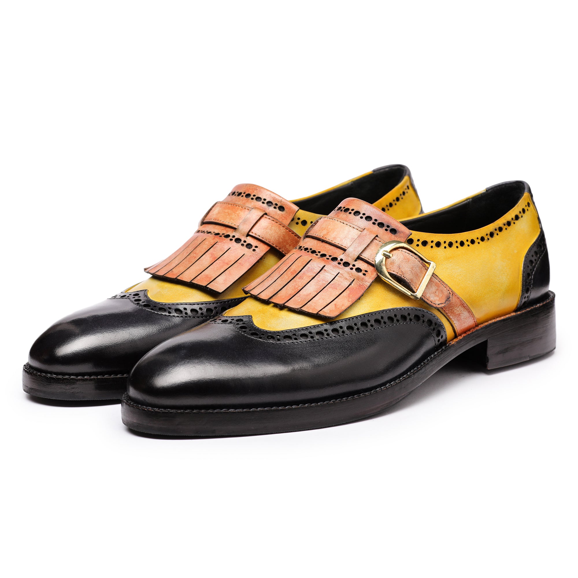 Wingtip Brogue Kiltie Monk Strap - Tan & Black