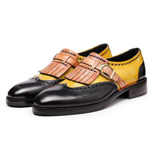 Wingtip Brogue Kiltie Monk Strap - Tan & Black