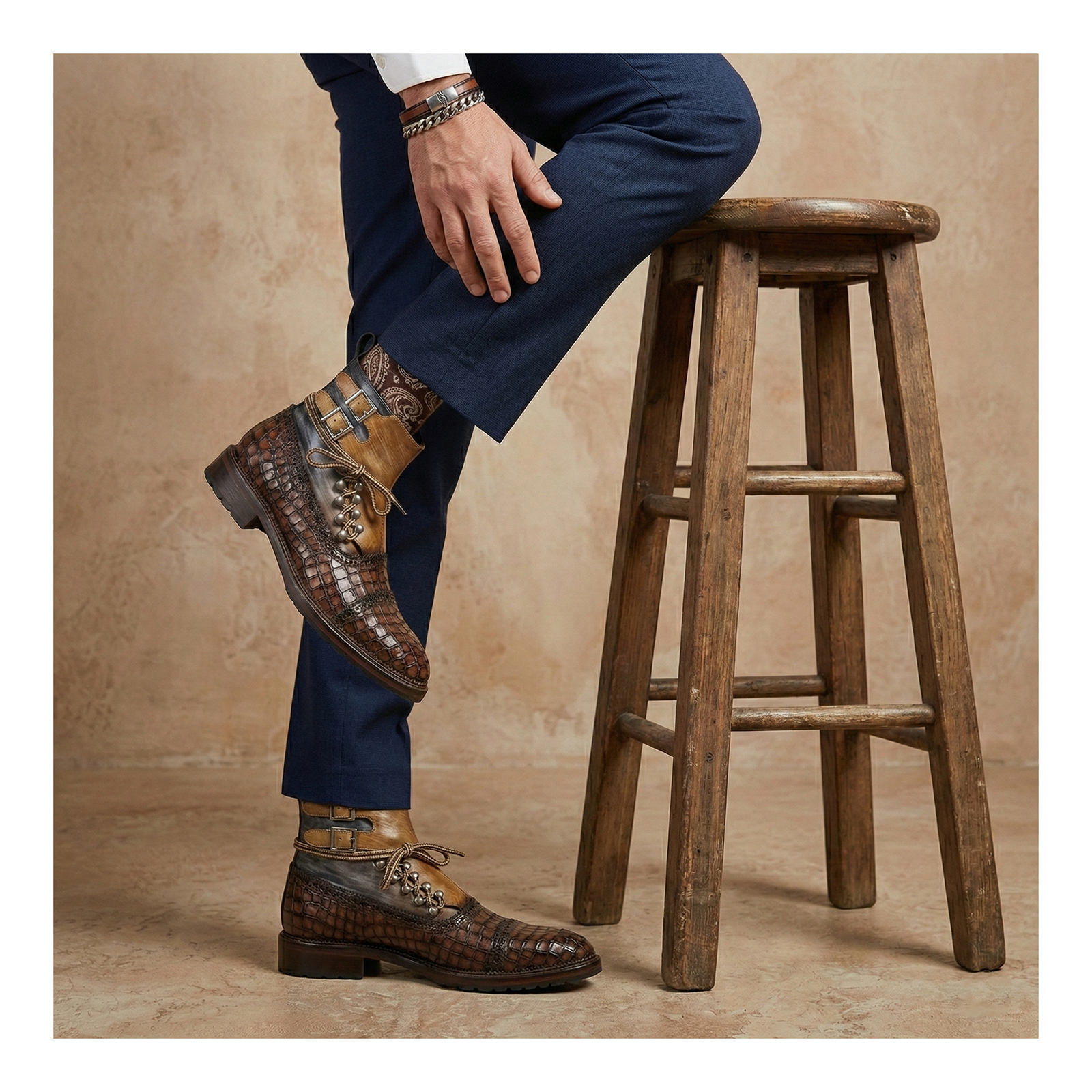 Cap Toe  Lace up Boots - Croc Brown