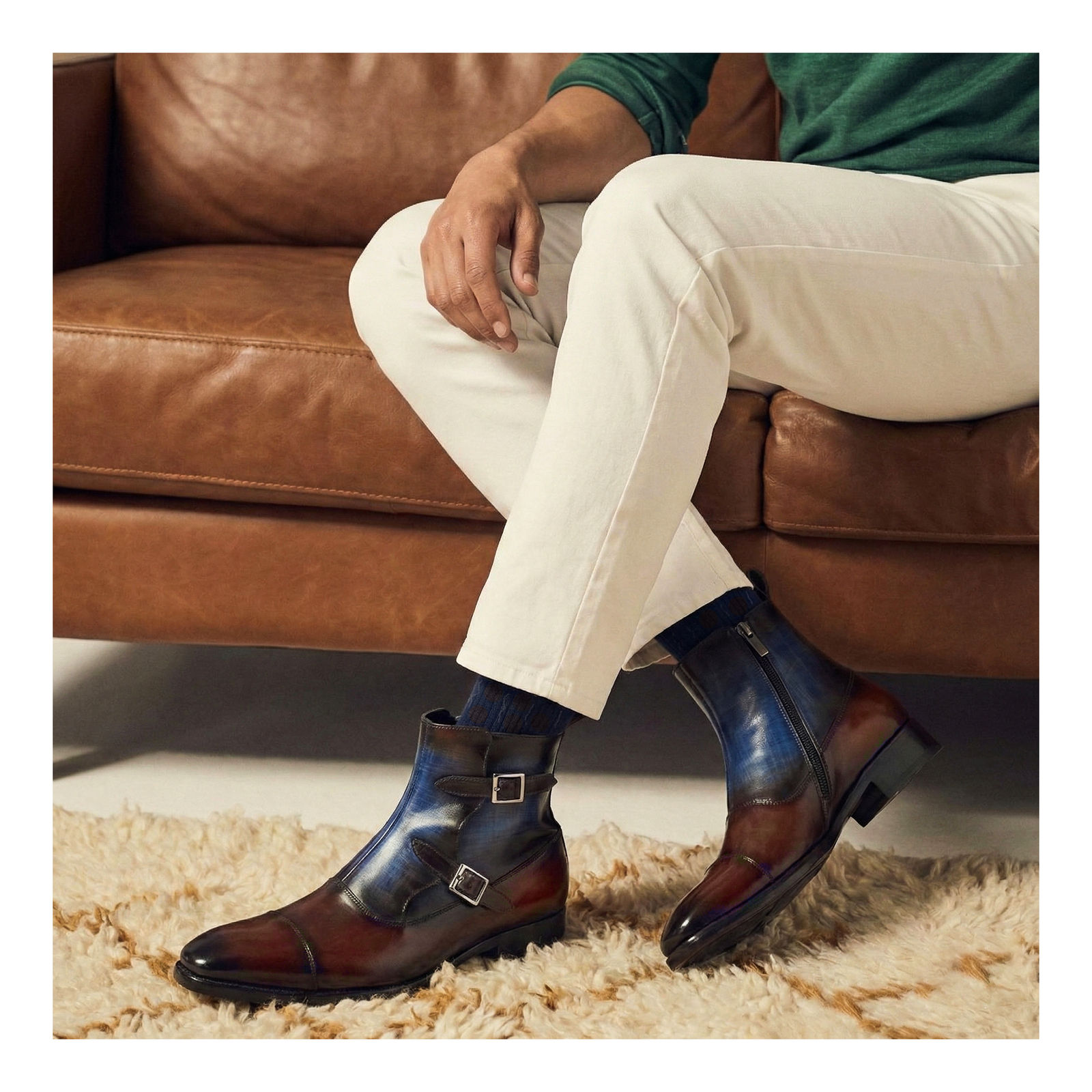 Captoe Double Monk Strap Zipper Boots - Brown & Blue