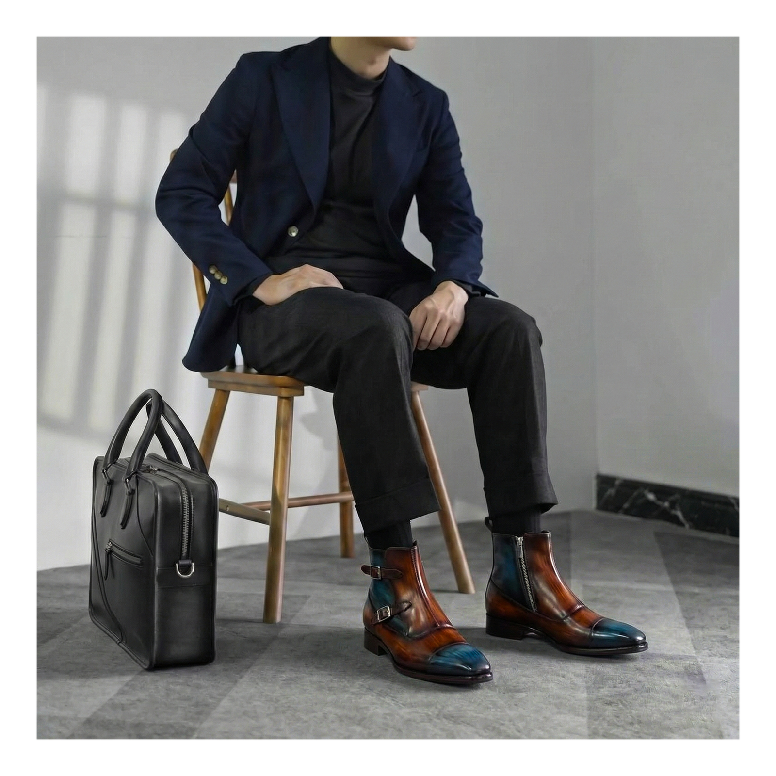 Captoe Double Monk Strap Zipper Boots - Tan & Blue