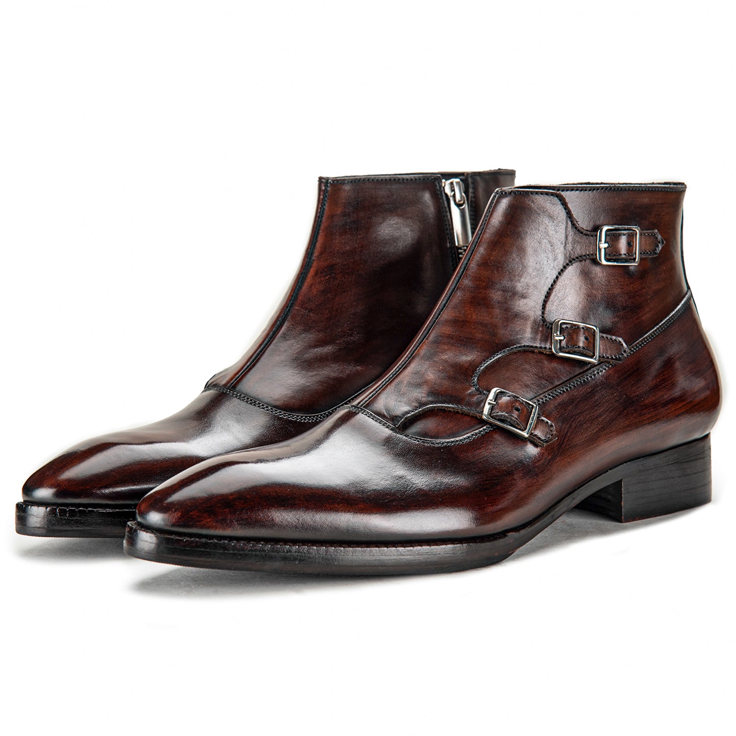Triple Monk Strap Zipper Boots - Dark Brown