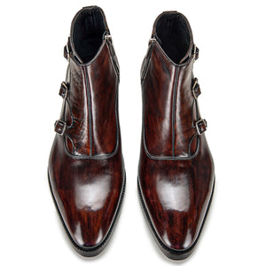 Triple Monk Strap Zipper Boots - Dark Brown