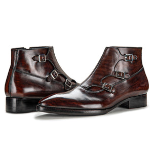 Triple Monk Strap Zipper Boots - Dark Brown