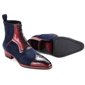 Wingtip Lace Up Ankle Boots - Navy Suede & Burgundy