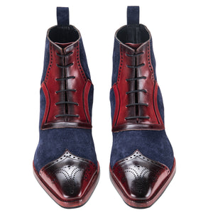 Wingtip Lace Up Ankle Boots - Navy Suede & Burgundy