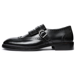 Wingtip Brogue Kiltie Monk Strap - Black