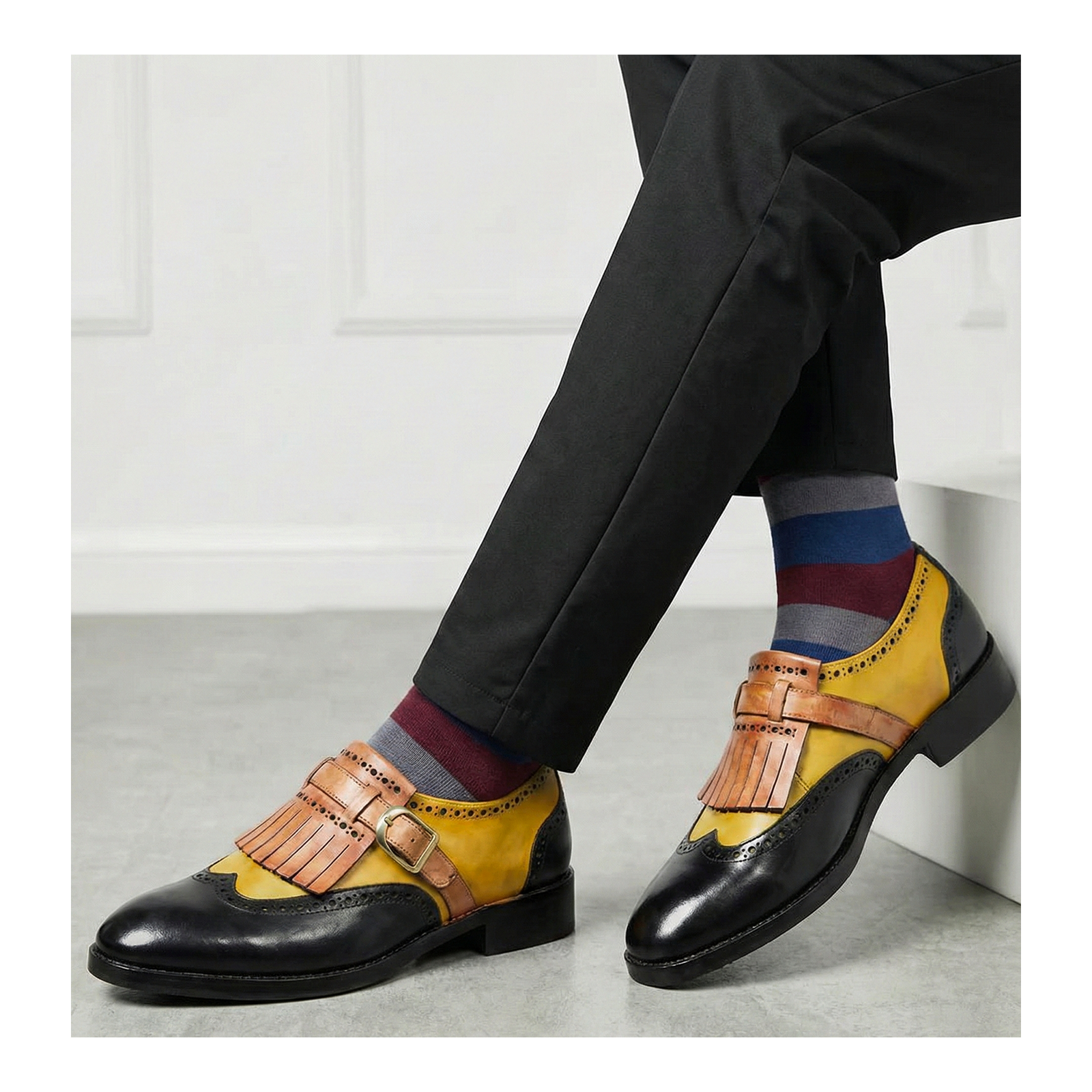 Wingtip Brogue Kiltie Monk Strap- Tan & Black