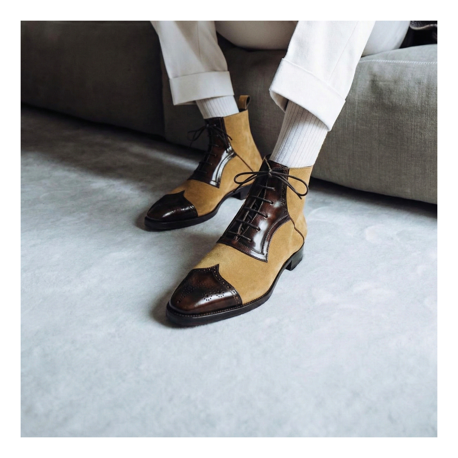 Wingtip Lace Up Ankle Boots - Beige Suede & Brown