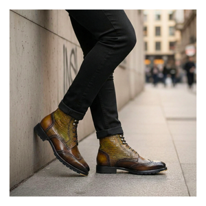 Wingtip Lace Up Boots- Croc Olive