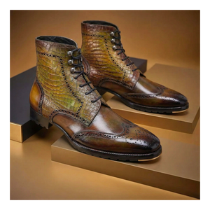 Wingtip Lace Up Boots- Croc Olive