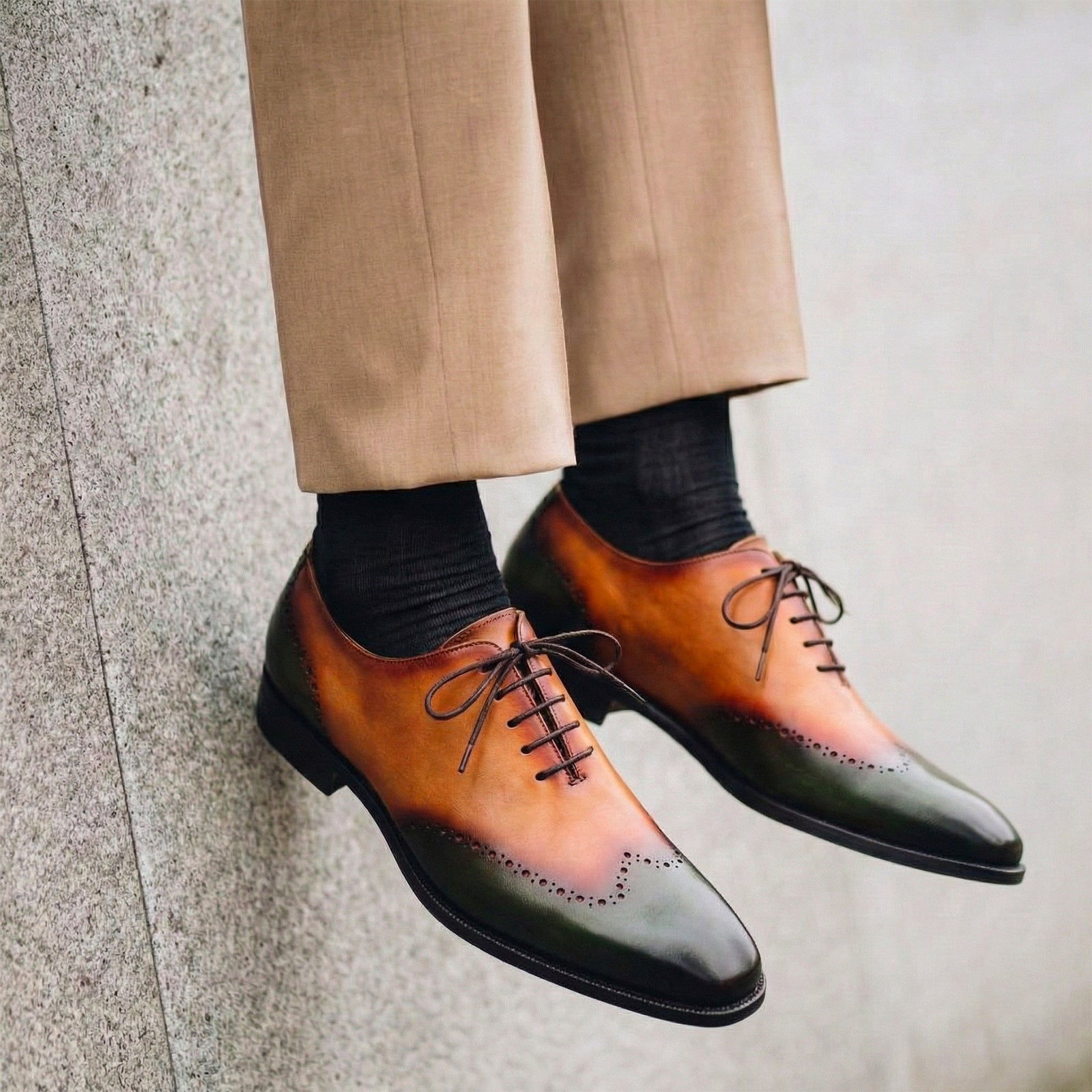 Wholecut Oxfords - Green & Tan